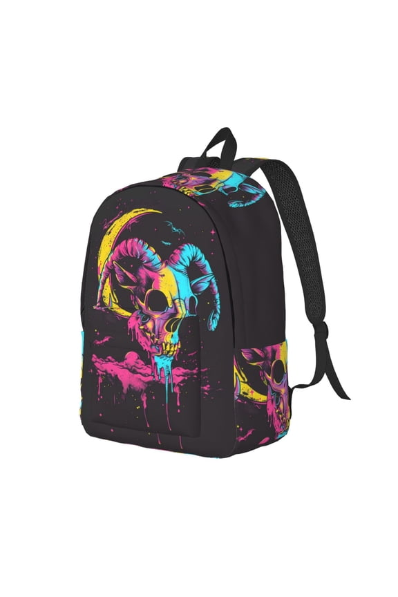 Neon Gothic Skull Moon Print Canvas Backpack for Women & Men Retro Aesthetic Rucksack Basic Backpack for High School/College Students Travel Laptop Bag