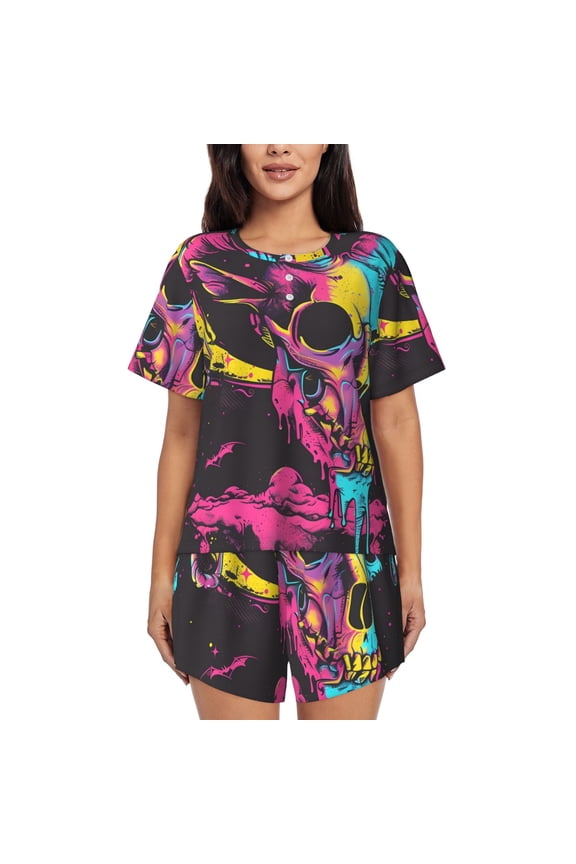 Neon Gothic Skull Moon Print Womens Pajama Sets 2 Piece Soft Short Sleeve Top and Shorts Sleepwear Round Neck Pjs Lounge Set