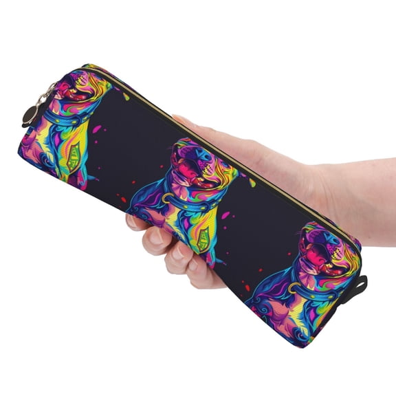 Ratiio Neon Pop Art Pitbull Pattern Leather Pencil Case, Pencil Pouch with Durable Zipper, Compact and Stylish Organizer for Stationery, Art Supplies, Travel Essentials