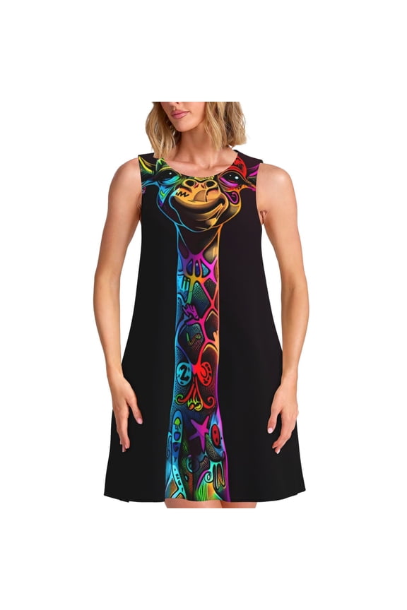 Neon Psychedelic Giraffe Pattern Women's Sleeveless Dress - Casual Summer Dress with Pockets, Above Knee Length, Round Neck, Ideal for Beach, Vacation, Work
