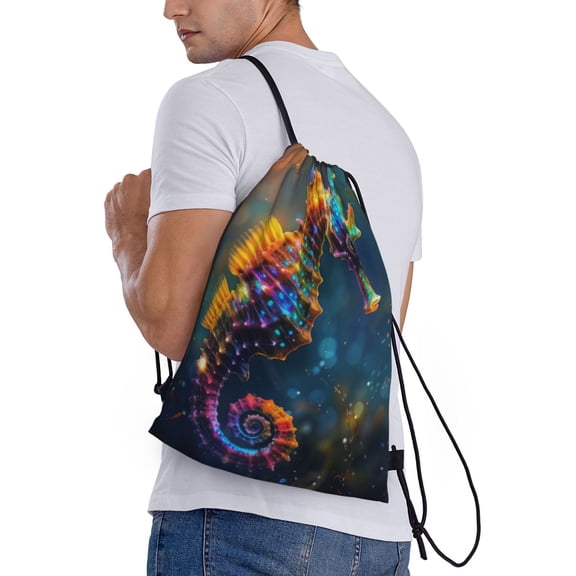 Ratiio Neon Seahorse Underwater Realm Print Drawstring Backpack Bag Sport Gym Sackpack Heavy Duty String Backpack for Men Women