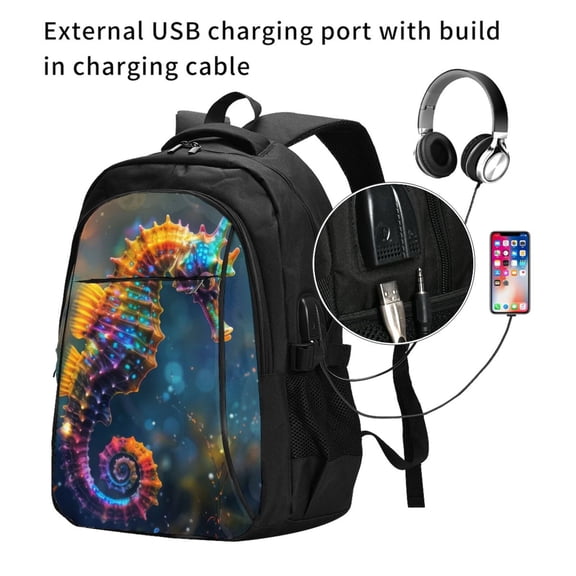Ratiio Neon Seahorse Underwater Realm Print Travel Laptop Backpack,Slim Sturdy Laptops Backpack with USB Charging Port, Water Resistant College School Computer Bag