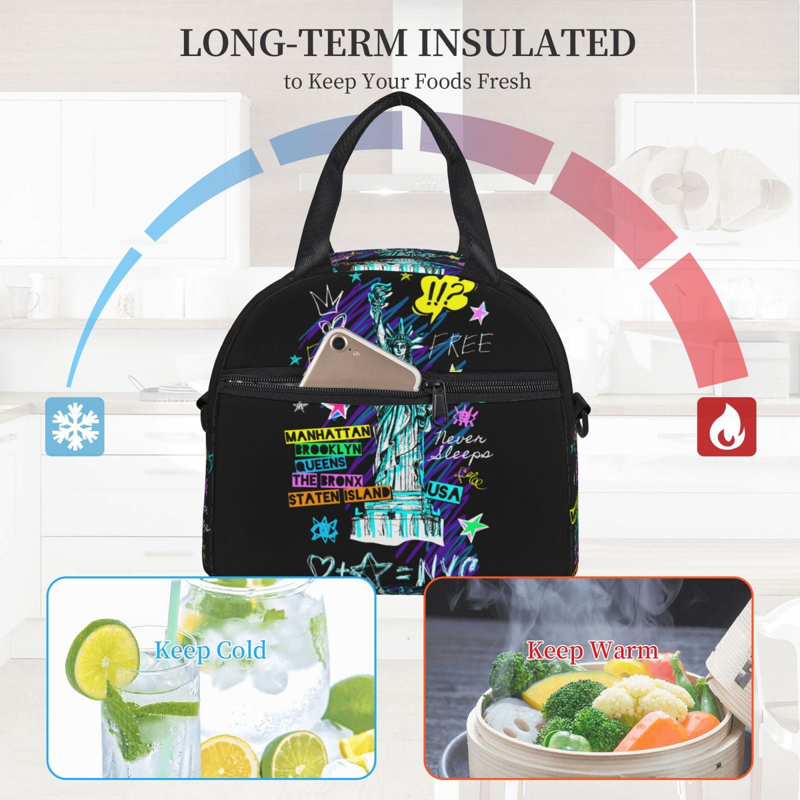 Ratiio New York City Pattern Lunch Bag ,Insulated Lunch Box, Small Leakproof Cooler Food Lunch Containers Reusable High Capacity Lunch Tote Bags