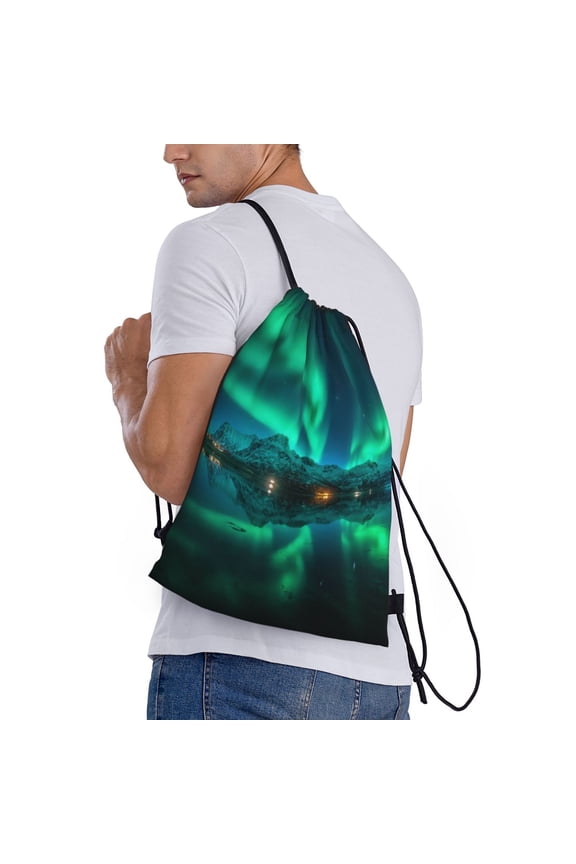 Northern Lights Print Drawstring Backpack Bag Sport Gym Sackpack Heavy Duty String Backpack for Men Women