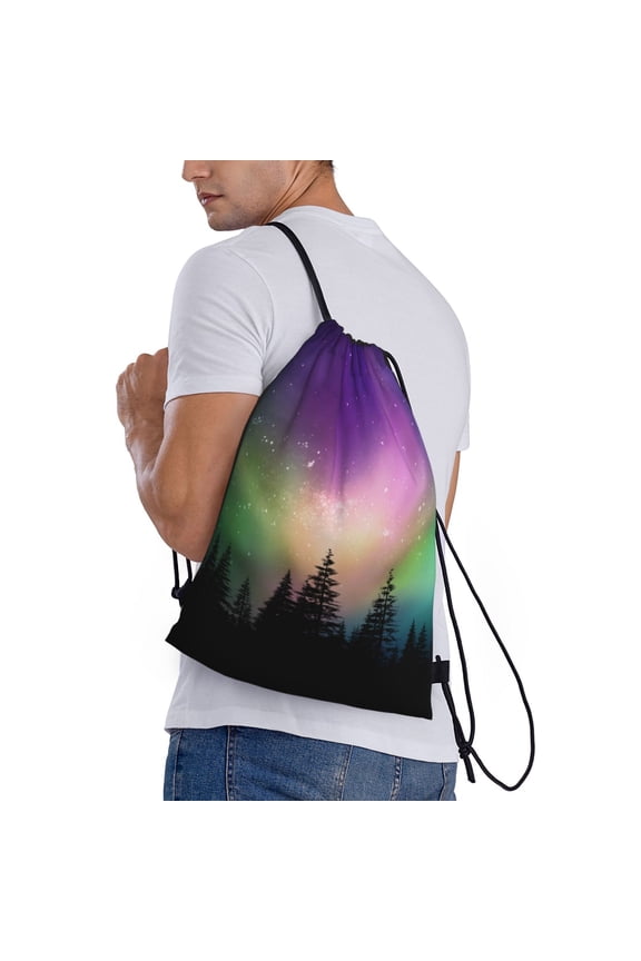 Northern Lights Print Drawstring Backpack Bag Sport Gym Sackpack Heavy Duty String Backpack for Men Women