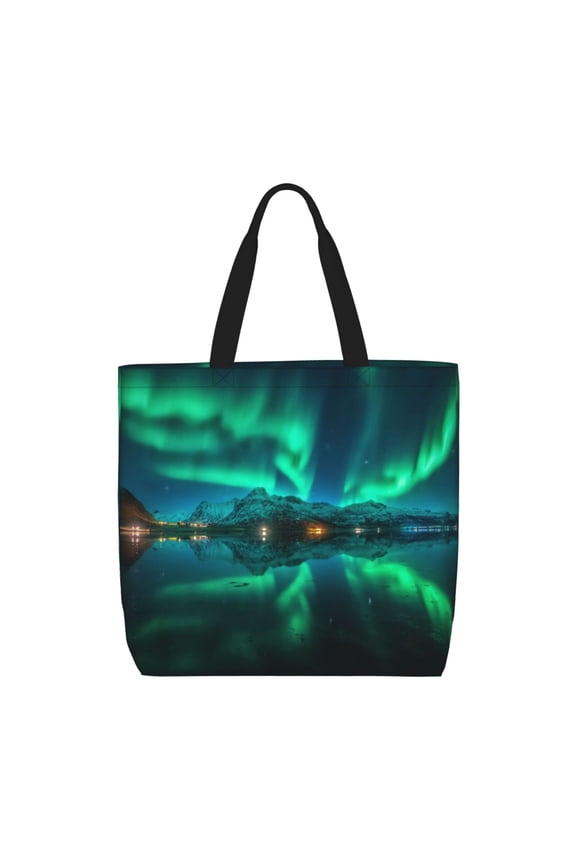 Northern Lights Print Reusable Grocery Bag Shopping Bags with Zipper Shoulder Shopping Handle Bag Suitable for Outdoor Convenient Daily Bag