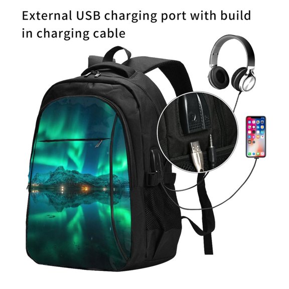 Ratiio Northern Lights Print Travel Laptop Backpack,Slim Sturdy Laptops Backpack with USB Charging Port, Water Resistant College School Computer Bag