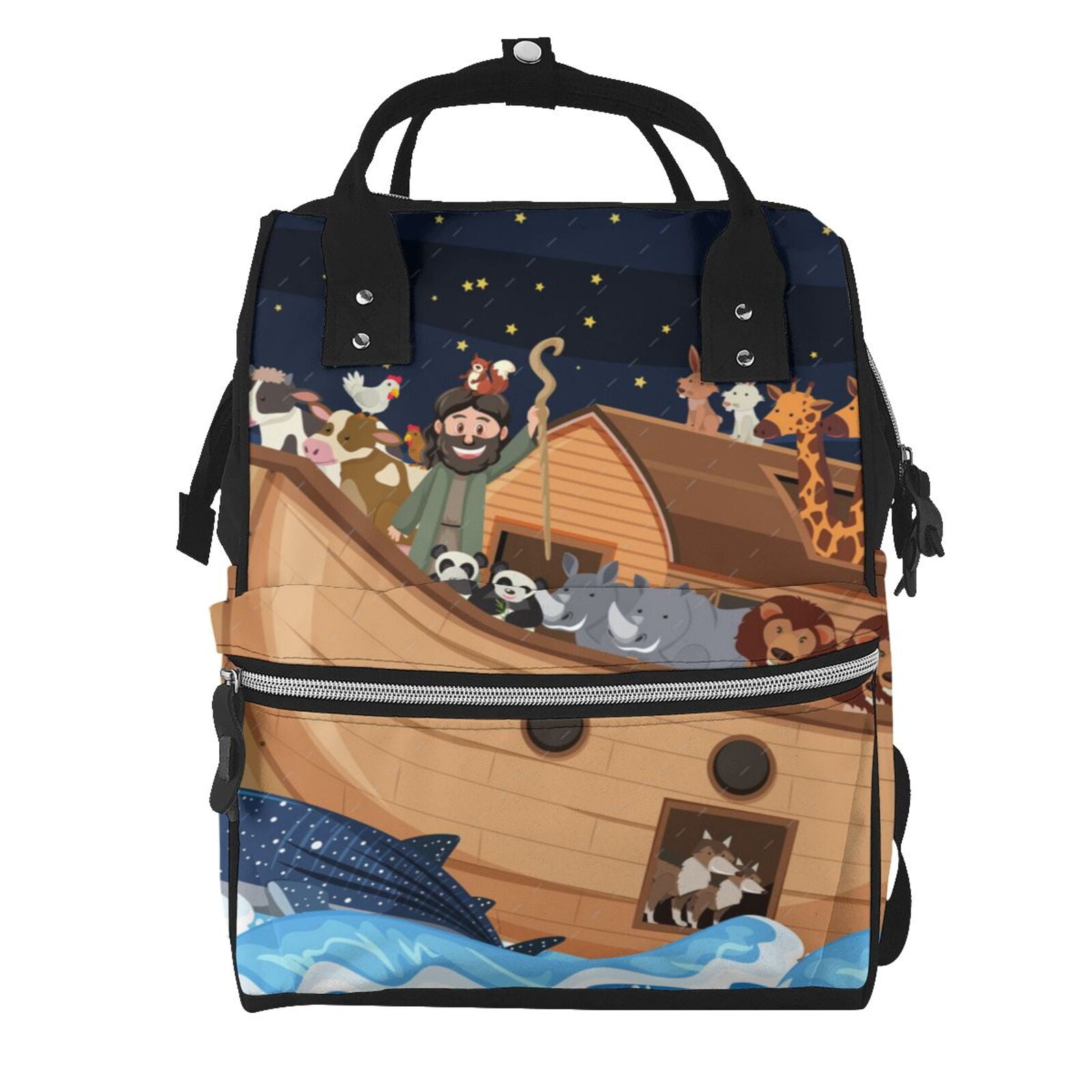 Ratiio Ocean Scene with Noah's Ark Mummy Backpack - Waterproof Twill Canvas, Large Capacity Diaper Bag with Multiple Pockets and Adjustable Straps