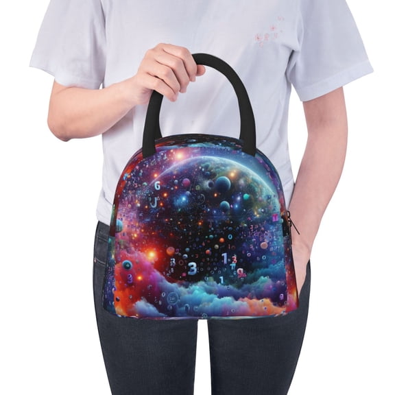 Ratiio Outer Space Floating Numbers And Letters Print Insulated Lunch Bag Women Reusable Lunch Box with Pocket for Work Picnic Travel