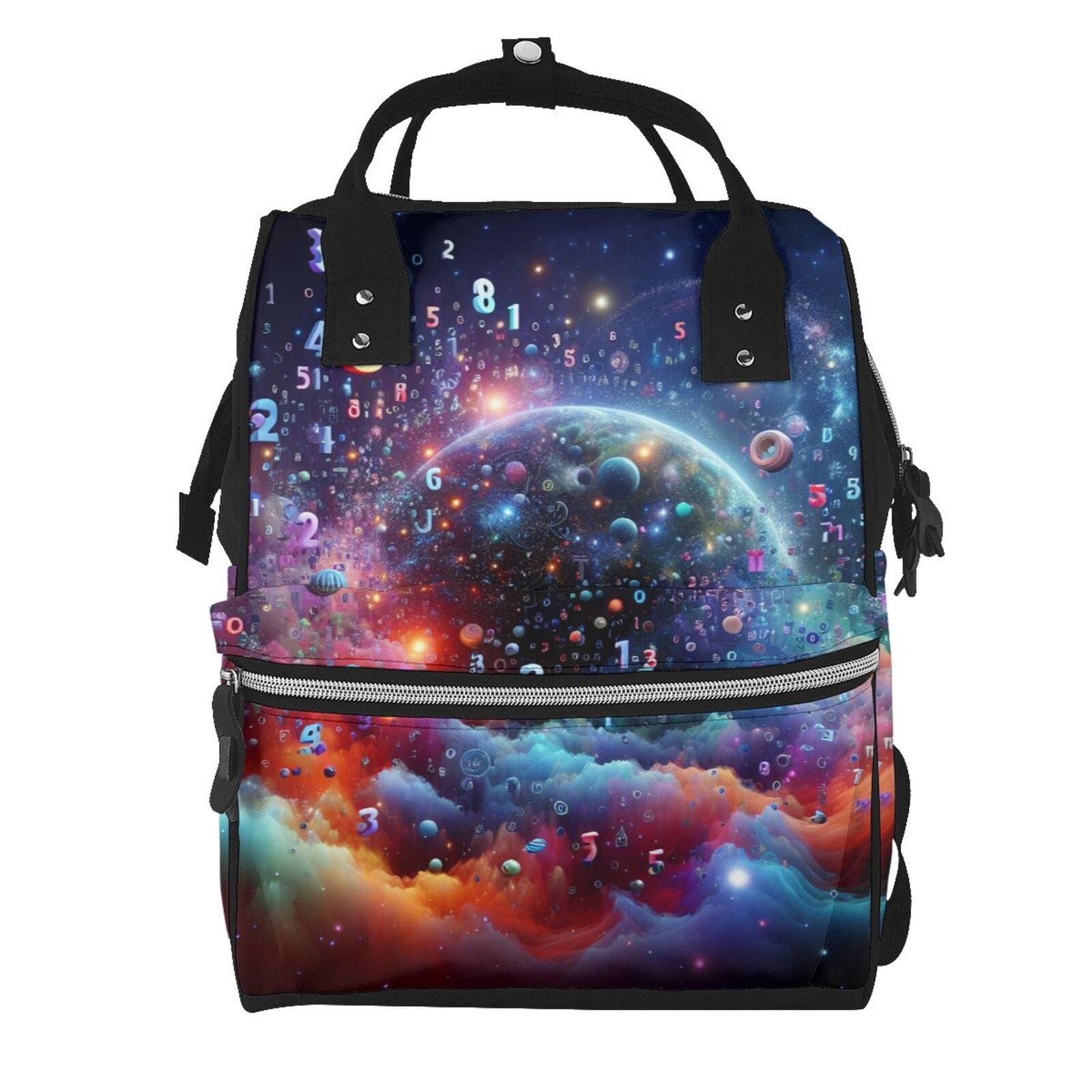 Ratiio Outer Space Floating Numbers And Letters Mummy Backpack - Waterproof Twill Canvas, Large Capacity Diaper Bag with Multiple Pockets and Adjustable Straps