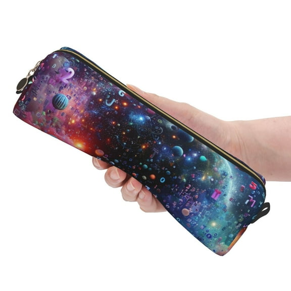 Ratiio Outer Space Floating Numbers And Letters Pattern Leather Pencil Case, Pencil Pouch with Durable Zipper, Compact and Stylish Organizer for Stationery, Art Supplies, Travel Essentials