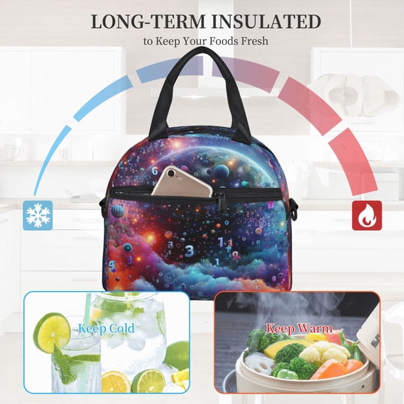 Ratiio Outer Space Floating Numbers And Letters Pattern Lunch Bag ,Insulated Lunch Box, Small Leakproof Cooler Food Lunch Containers Reusable High Capacity Lunch Tote Bags