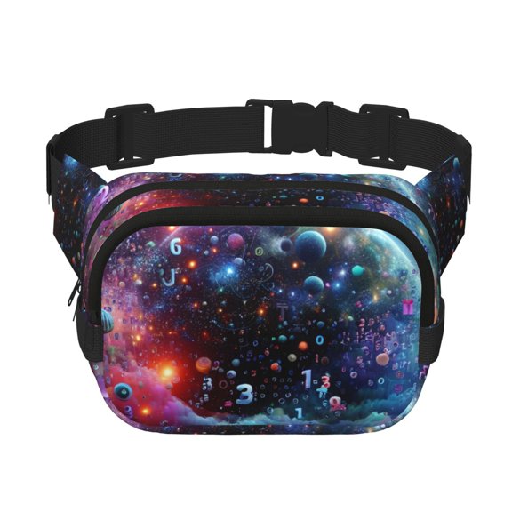 Ratiio Outer Space Floating Numbers And Letters Pattern Square Double Layer Waist Bag, Durable Twill Fabric Waist Pack with Adjustable Belt,Outdoor Hiking, Running, Travel Waist Bag