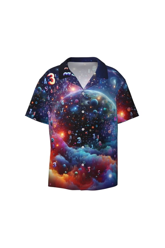 Outer Space Floating Numbers And Letters Print Mens Casual Short Sleeve Shirts Button Down Textured Shirts Summer Beach Shirt with Pocket Men's Casual Short-sleeved Shirt