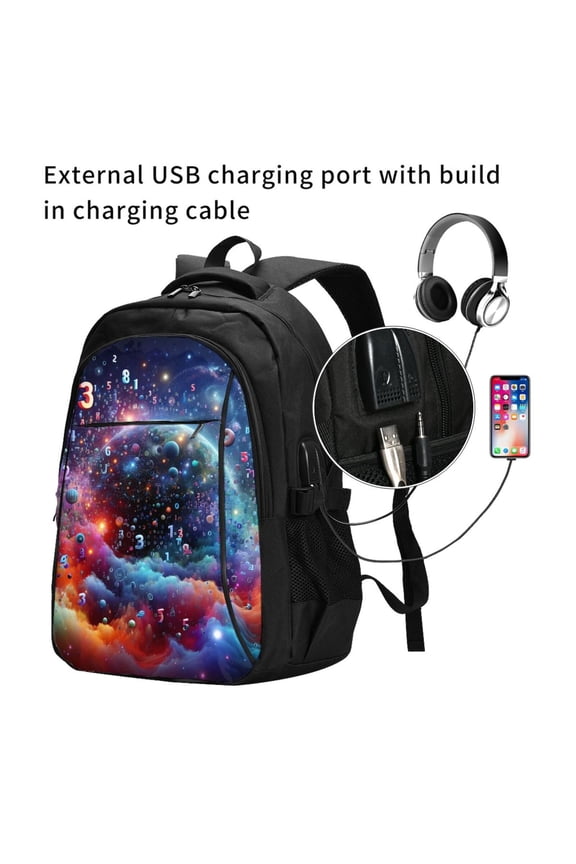 Outer Space Floating Numbers And Letters Print Travel Laptop Backpack,Slim Sturdy Laptops Backpack with USB Charging Port, Water Resistant College School Computer Bag