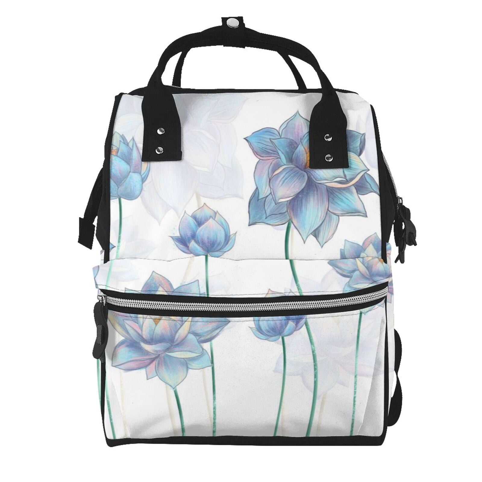 Ratiio Pale Blue Lotus Flowers Mummy Backpack - Waterproof Twill Canvas, Large Capacity Diaper Bag with Multiple Pockets and Adjustable Straps