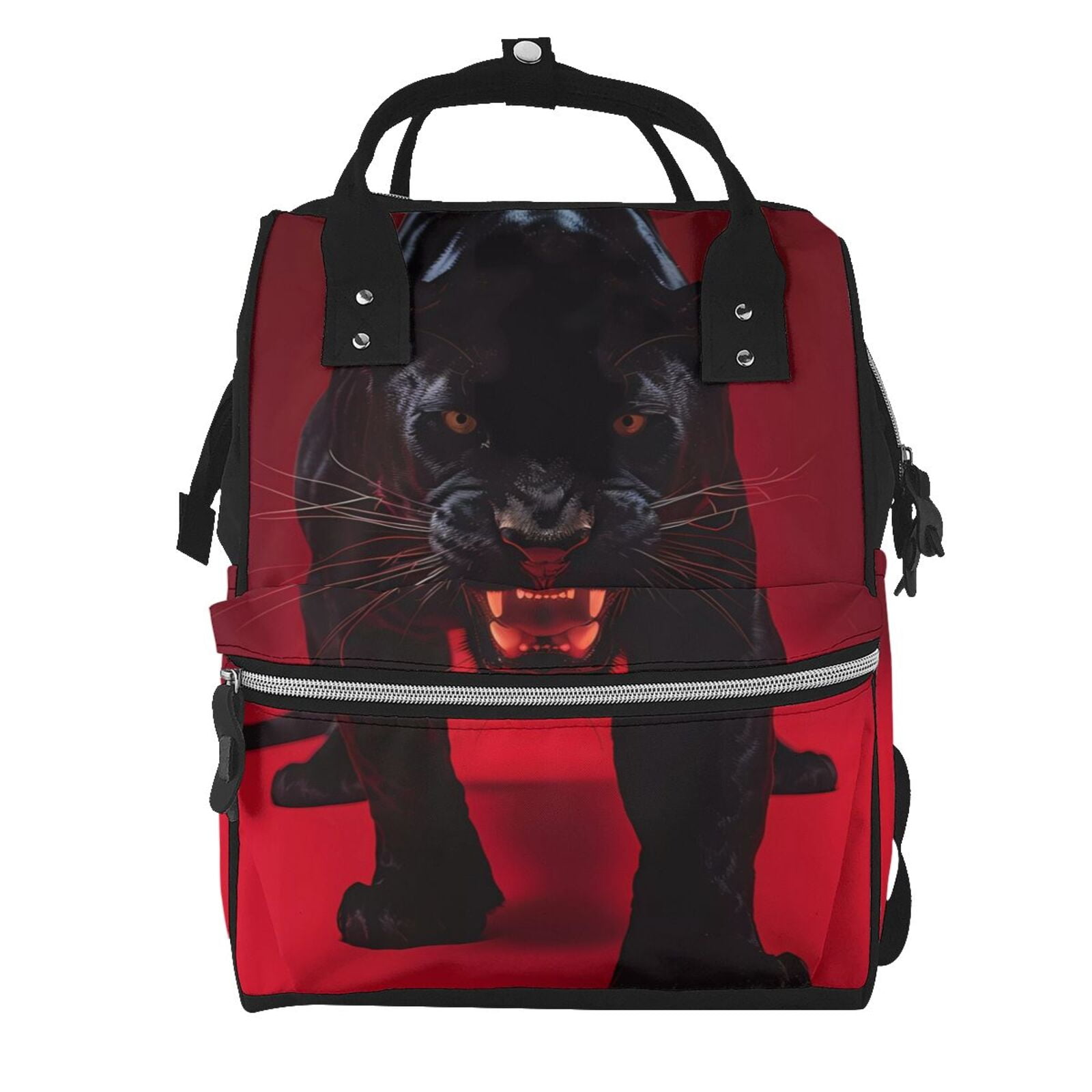 Ratiio Panther Red Background Mummy Backpack - Waterproof Twill Canvas, Large Capacity Diaper Bag with Multiple Pockets and Adjustable Straps