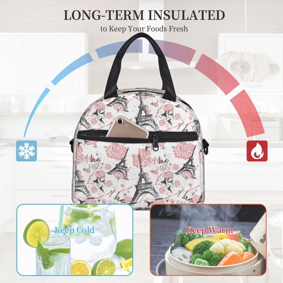 Ratiio Paris Pattern Lunch Bag ,Insulated Lunch Box, Small Leakproof Cooler Food Lunch Containers Reusable High Capacity Lunch Tote Bags