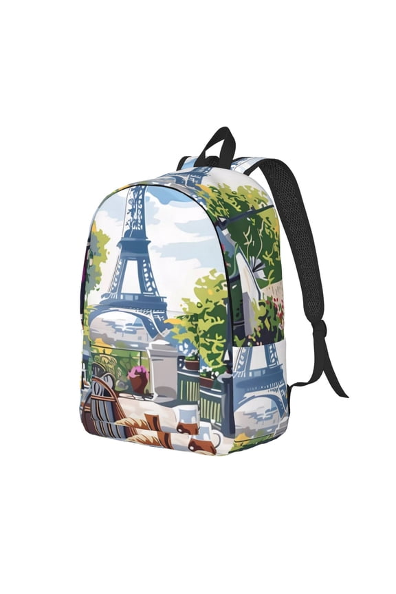Parisian Cafe With Eiffel Print Canvas Backpack for Women & Men Retro Aesthetic Rucksack Basic Backpack for High School/College Students Travel Laptop Bag