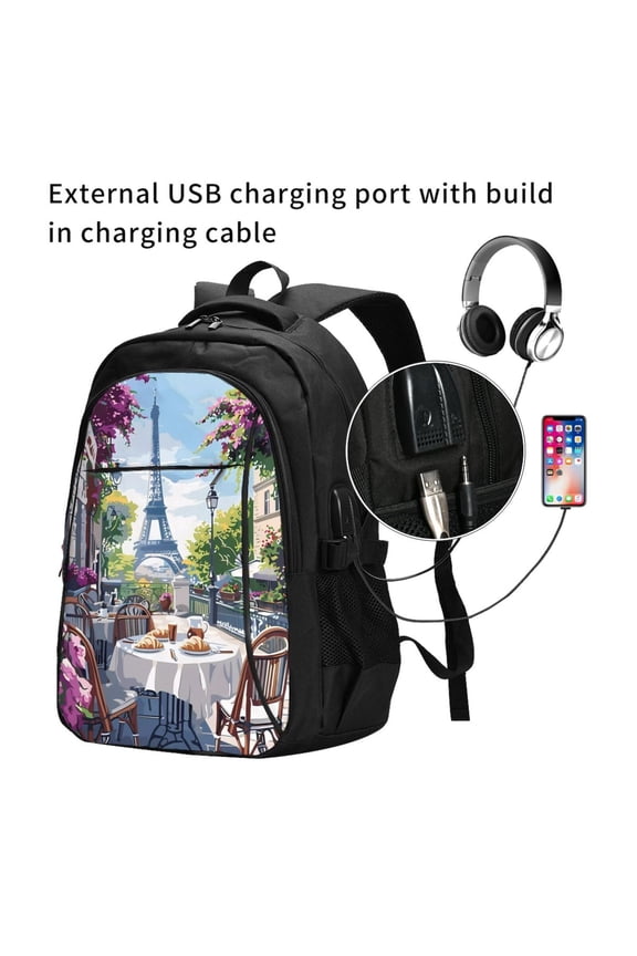 Parisian Cafe With Eiffel Print Travel Laptop Backpack,Slim Sturdy Laptops Backpack with USB Charging Port, Water Resistant College School Computer Bag
