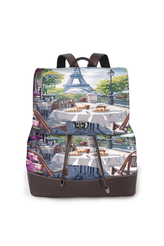 Parisian Cafe With Eiffel Pattern Womens Backpack Purse Leather Backpack Purse for Women Travel Fashion Backpack Designer Ladies Shoulder Bags