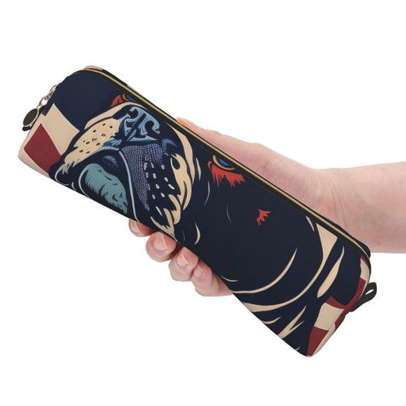 Ratiio Patriotic Bulldog Art Pattern Leather Pencil Case, Pencil Pouch with Durable Zipper, Compact and Stylish Organizer for Stationery, Art Supplies, Travel Essentials