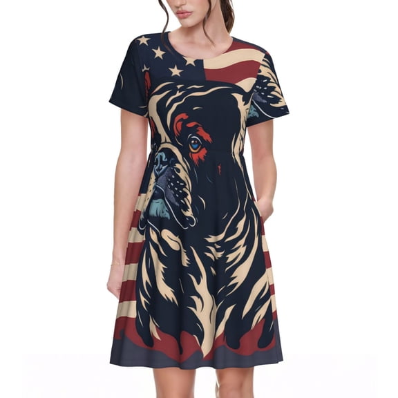 Ratiio Patriotic Bulldog Art Print Women's Short Sleeve Dress - Casual A-Line Dress with Side Pockets, Elastic Waist, Comfortable and Breathable Summer Dress