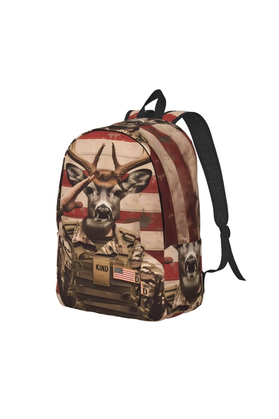 Patriotic Deer Soldier Salute Print Canvas Backpack for Women & Men Retro Aesthetic Rucksack Basic Backpack for High School/College Students Travel Laptop Bag