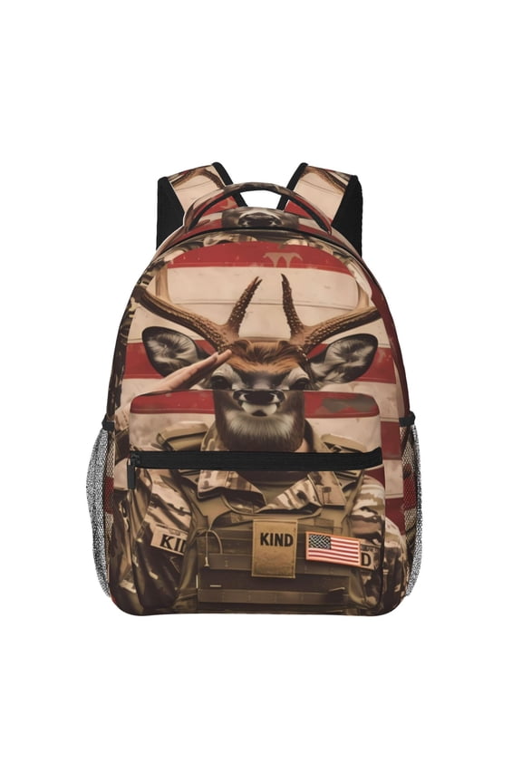 Patriotic Deer Soldier Salute Print Eco-Friendly Casual Backpack, Water-Resistant Polyester Canvas Daypack with Smooth Zippers, Comfortable & Durable Travel Bag with Laptop Compartment