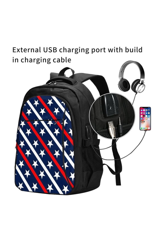 Patriotic Star Print Travel Laptop Backpack,Slim Sturdy Laptops Backpack with USB Charging Port, Water Resistant College School Computer Bag