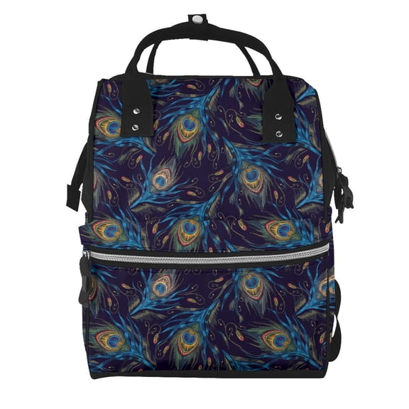 Ratiio Peacock Feathers Mummy Backpack - Waterproof Twill Canvas, Large Capacity Diaper Bag with Multiple Pockets and Adjustable Straps