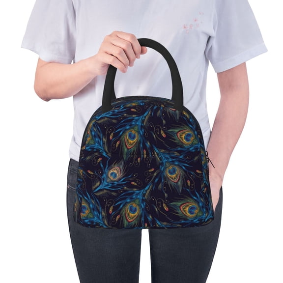 Ratiio Peacock Feathers Print Insulated Lunch Bag Women Reusable Lunch Box with Pocket for Work Picnic Travel