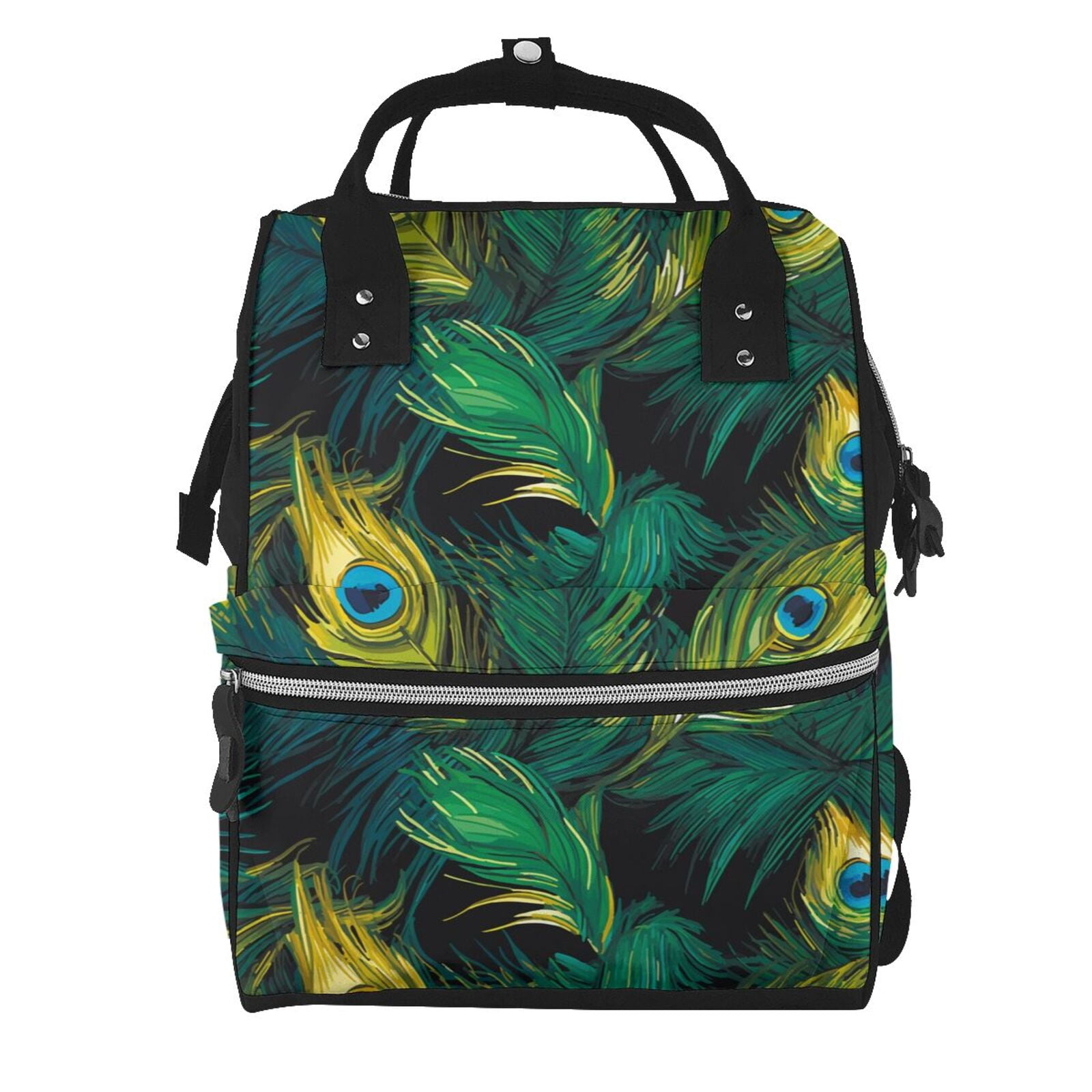 Ratiio Peacock Feathers2 Mummy Backpack - Waterproof Twill Canvas, Large Capacity Diaper Bag with Multiple Pockets and Adjustable Straps