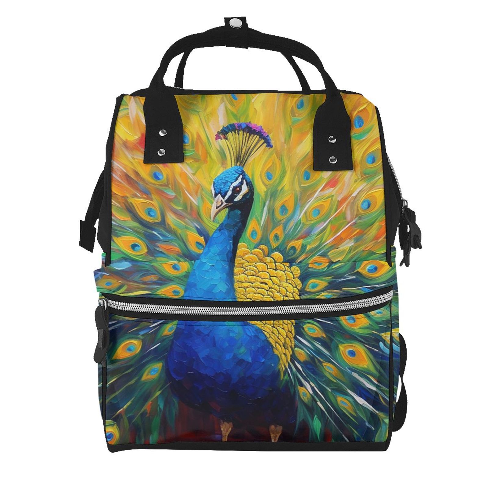 Ratiio Peacocks Mummy Backpack - Waterproof Twill Canvas, Large Capacity Diaper Bag with Multiple Pockets and Adjustable Straps