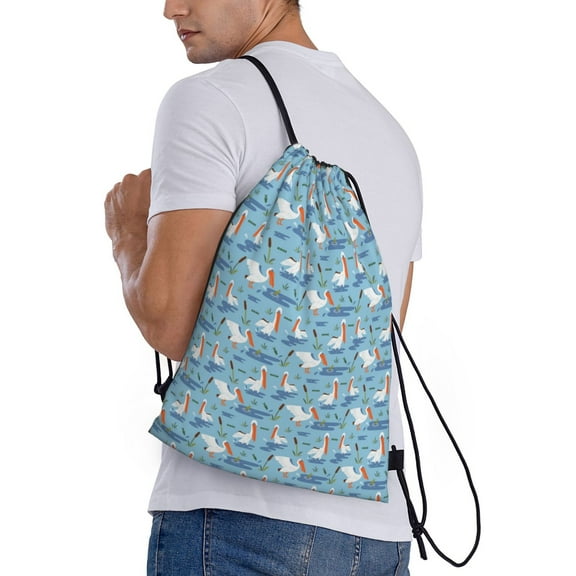 Ratiio Pelican Reed And Fish Print Drawstring Backpack Bag Sport Gym Sackpack Heavy Duty String Backpack for Men Women