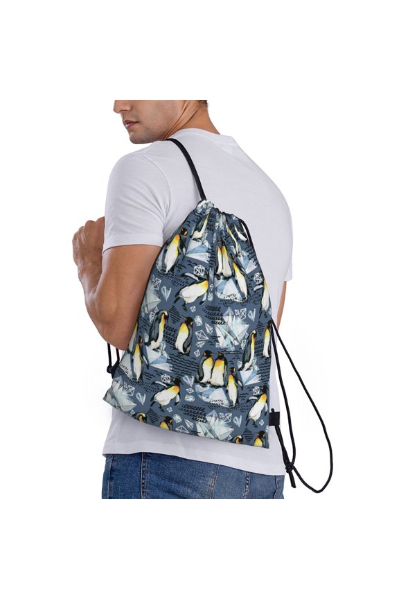 Penguin Arctic Adventure Print Drawstring Backpack Bag Sport Gym Sackpack Heavy Duty String Backpack for Men Women