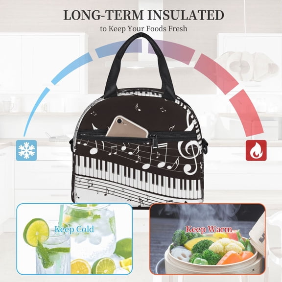 Ratiio Piano Keys With Musical Notes Pattern Lunch Bag ,Insulated Lunch Box, Small Leakproof Cooler Food Lunch Containers Reusable High Capacity Lunch Tote Bags
