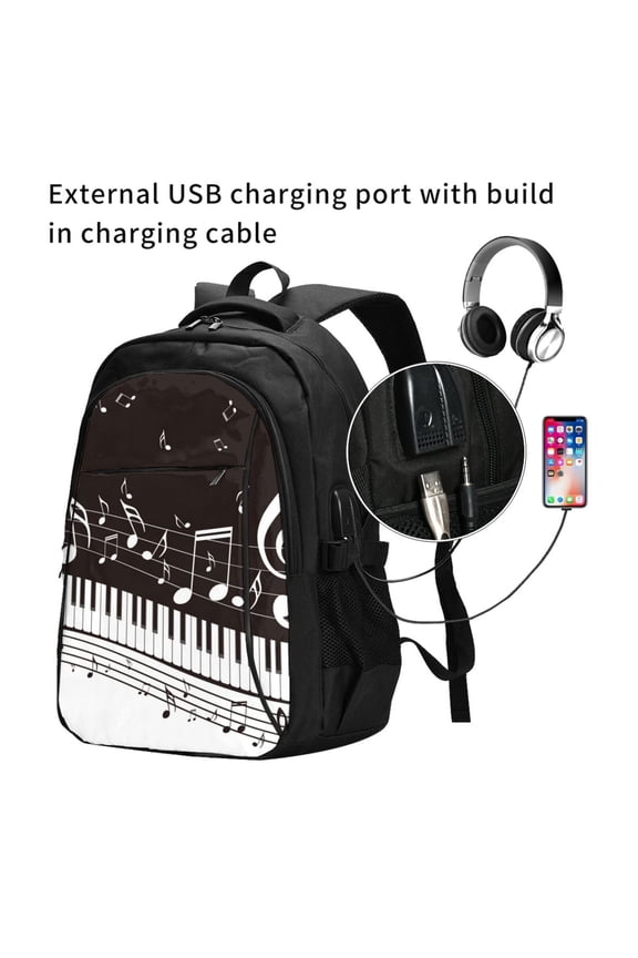 Piano Keys With Musical Notes Print Travel Laptop Backpack,Slim Sturdy Laptops Backpack with USB Charging Port, Water Resistant College School Computer Bag