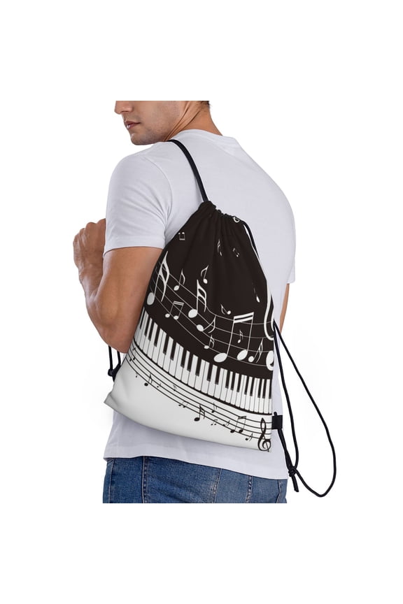 Piano Keys With Musical Notes Print Drawstring Backpack Bag Sport Gym Sackpack Heavy Duty String Backpack for Men Women