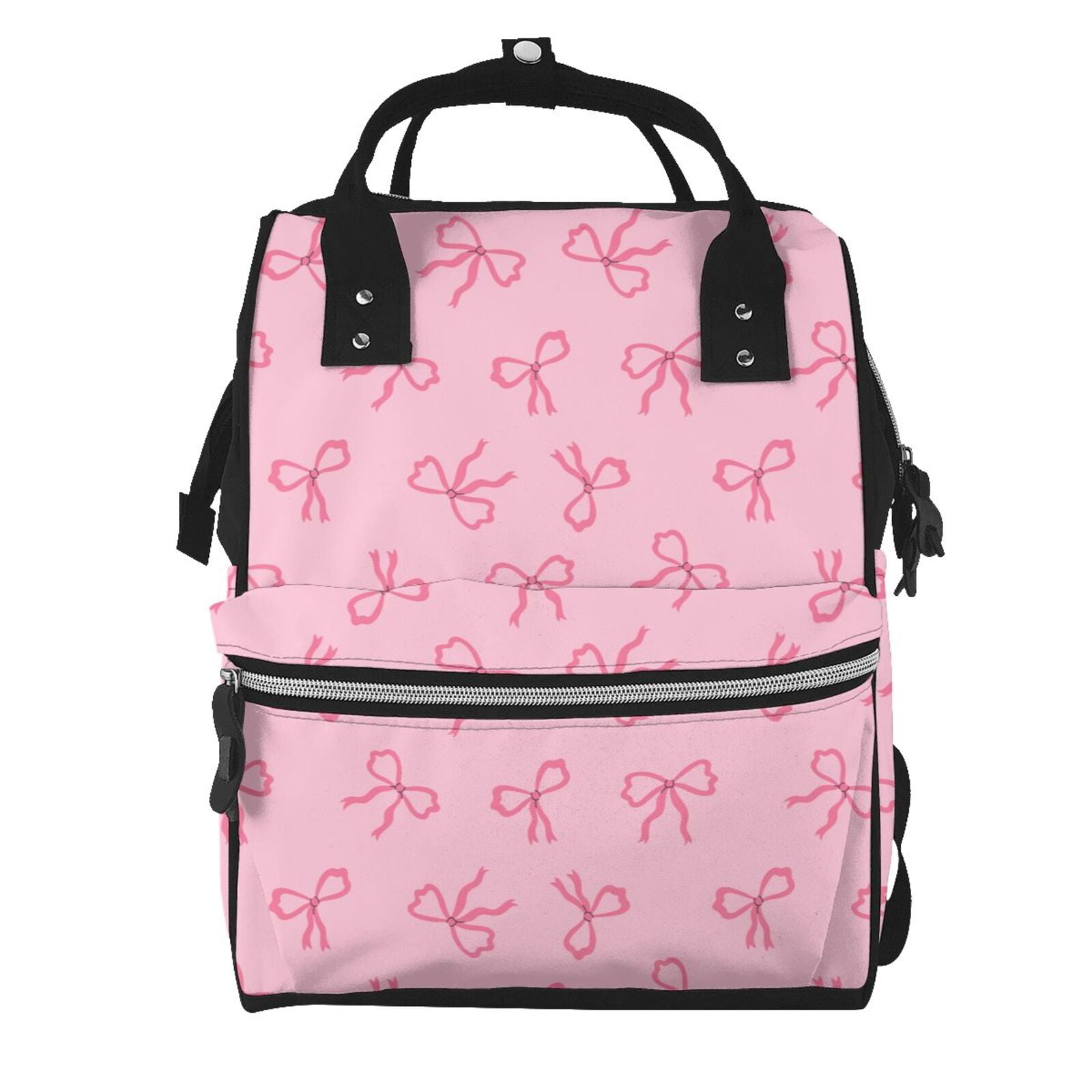 Ratiio Pink Bows Mummy Backpack - Waterproof Twill Canvas, Large Capacity Diaper Bag with Multiple Pockets and Adjustable Straps