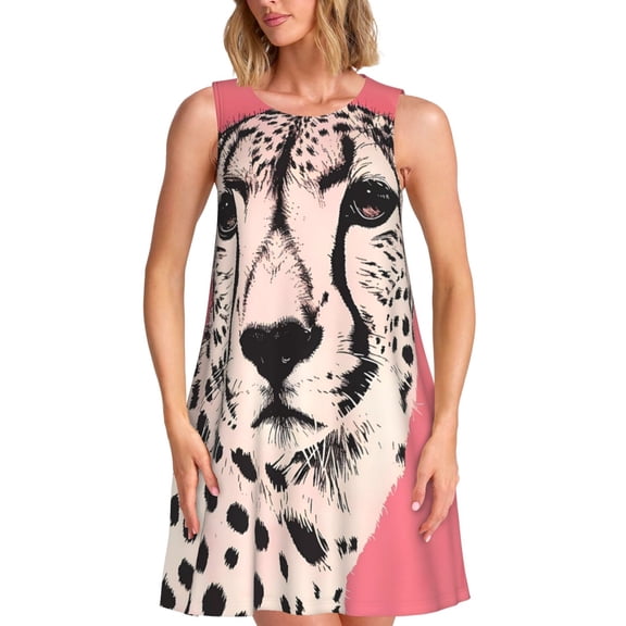 Ratiio Pink Cheetah Art Pattern Women's Sleeveless Dress - Casual Summer Dress with Pockets, Above Knee Length, Round Neck, Ideal for Beach, Vacation, Work