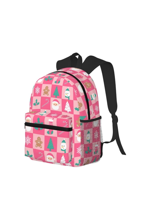 Pink Christmas Cheer Print Casual Backpack for Men and Women, Water Resistant Oxford Fabric School Bag Lightweight Travel Daypack