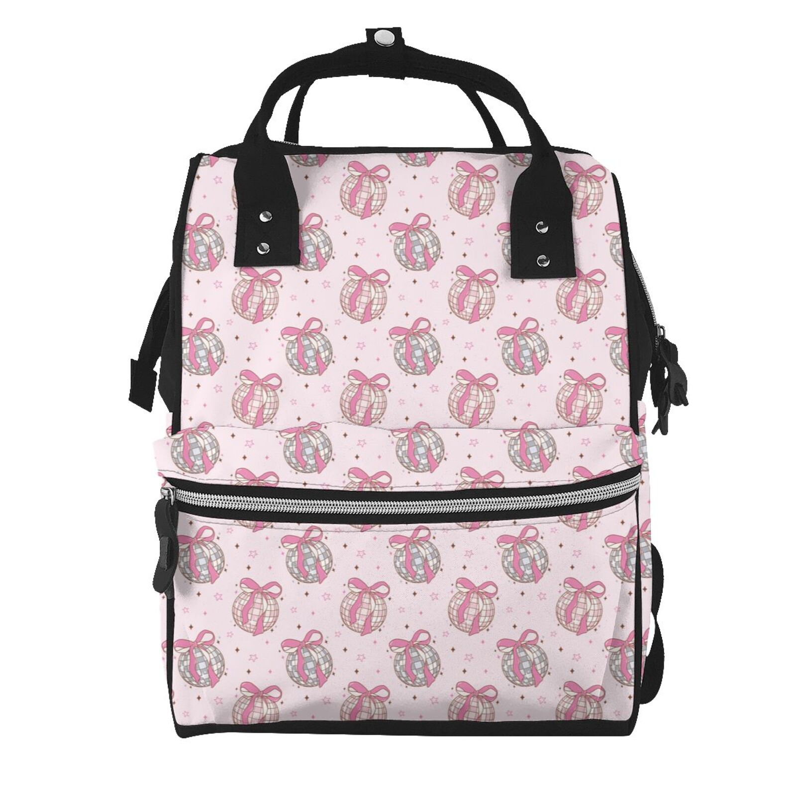 Ratiio Pink Disco Ball Mummy Backpack - Waterproof Twill Canvas, Large Capacity Diaper Bag with Multiple Pockets and Adjustable Straps