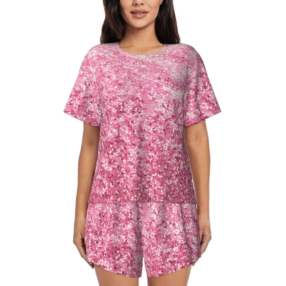 Ratiio Pink Glitter Print Womens Pajama Sets 2 Piece Soft Short Sleeve Top and Shorts Sleepwear Round Neck Pjs Lounge Set