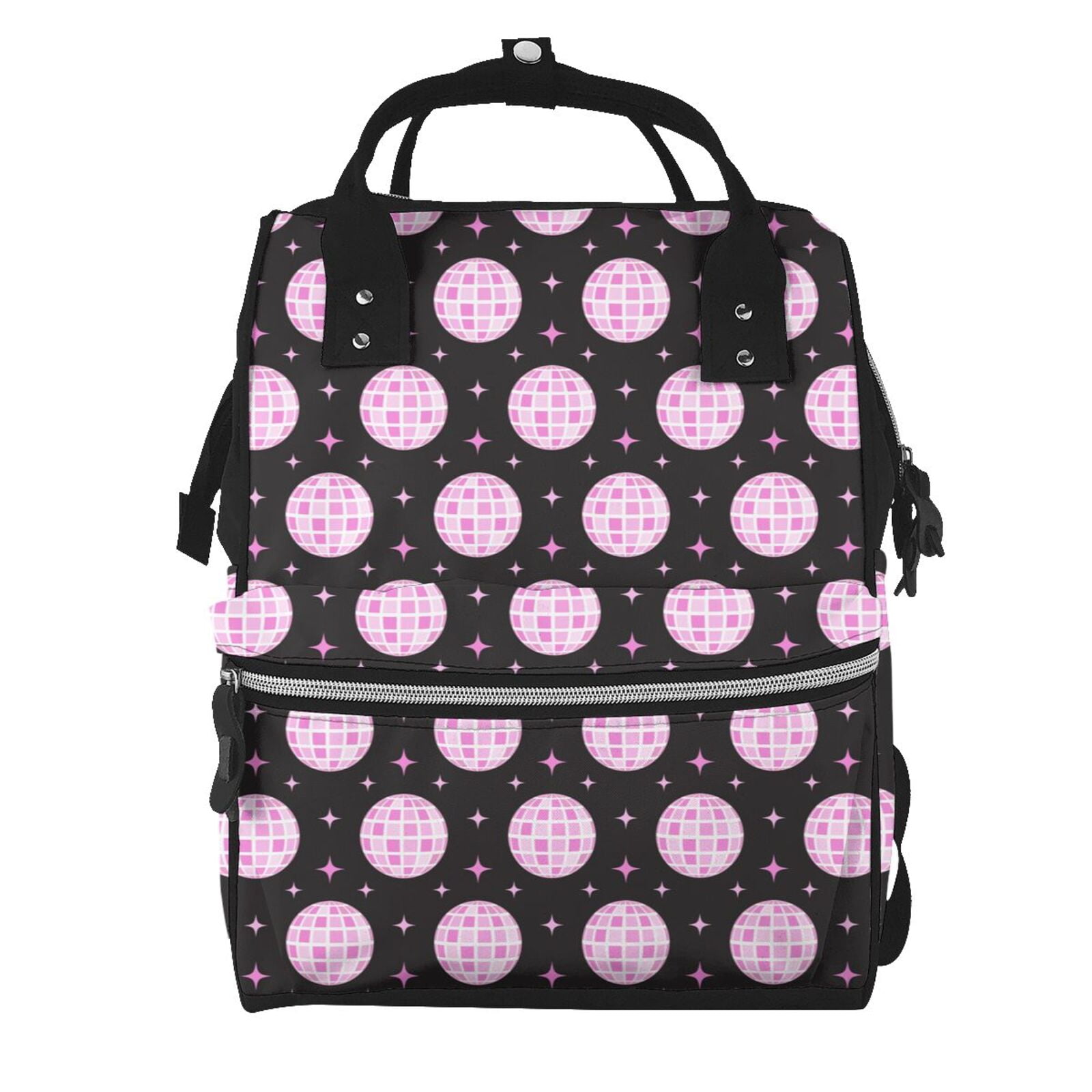 Ratiio Pink Groovy Disco Ball Mummy Backpack - Waterproof Twill Canvas, Large Capacity Diaper Bag with Multiple Pockets and Adjustable Straps