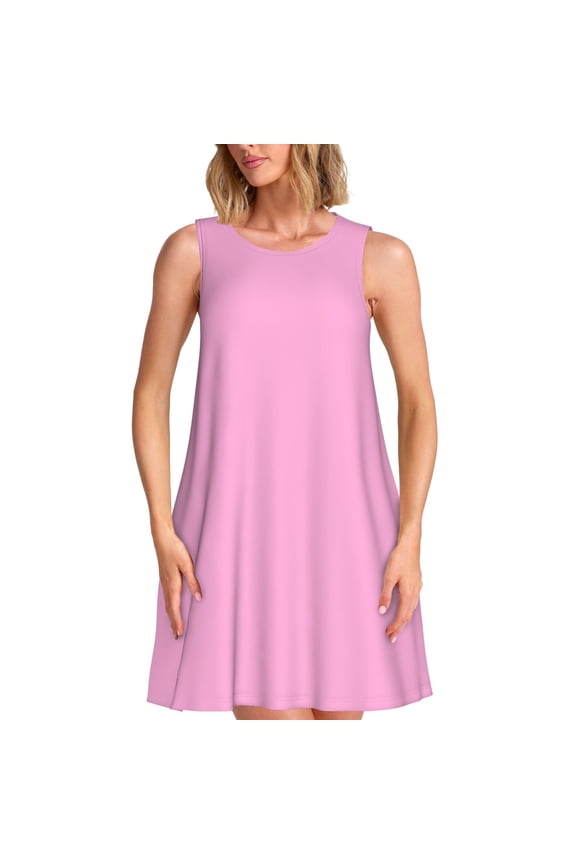 Pink Pattern Women's Sleeveless Dress - Casual Summer Dress with Pockets, Above Knee Length, Round Neck, Ideal for Beach, Vacation, Work