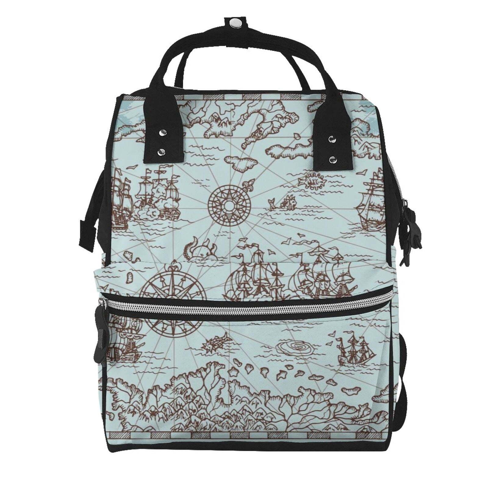 Ratiio Pirate Adventure Map Mummy Backpack - Waterproof Twill Canvas, Large Capacity Diaper Bag with Multiple Pockets and Adjustable Straps