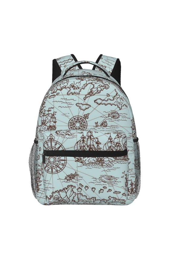 Pirate Adventure Map Print Eco-Friendly Casual Backpack, Water-Resistant Polyester Canvas Daypack with Smooth Zippers, Comfortable & Durable Travel Bag with Laptop Compartment