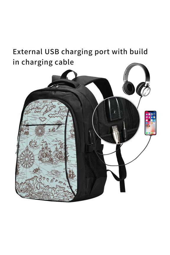 Pirate Adventure Map Print Travel Laptop Backpack,Slim Sturdy Laptops Backpack with USB Charging Port, Water Resistant College School Computer Bag