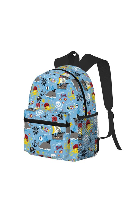 Pirate Marine Animals Print Casual Backpack for Men and Women, Water Resistant Oxford Fabric School Bag Lightweight Travel Daypack